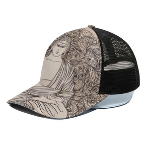 Beige Buddha Mandala Print Black Mesh Trucker Cap