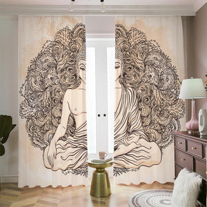 Beige Buddha Mandala Print Blackout Pencil Pleat Curtains