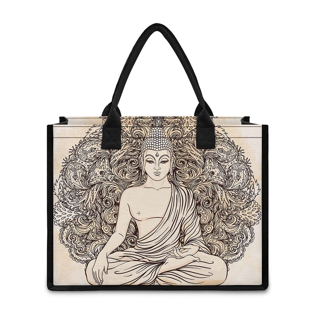 Beige Buddha Mandala Print Canvas Tote Bag