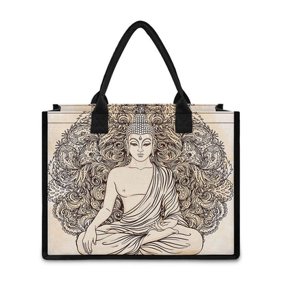 Beige Buddha Mandala Print Canvas Tote Bag
