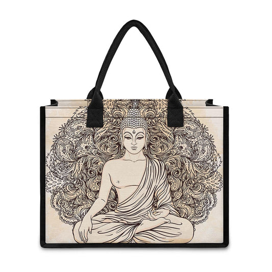 Beige Buddha Mandala Print Canvas Tote Bag