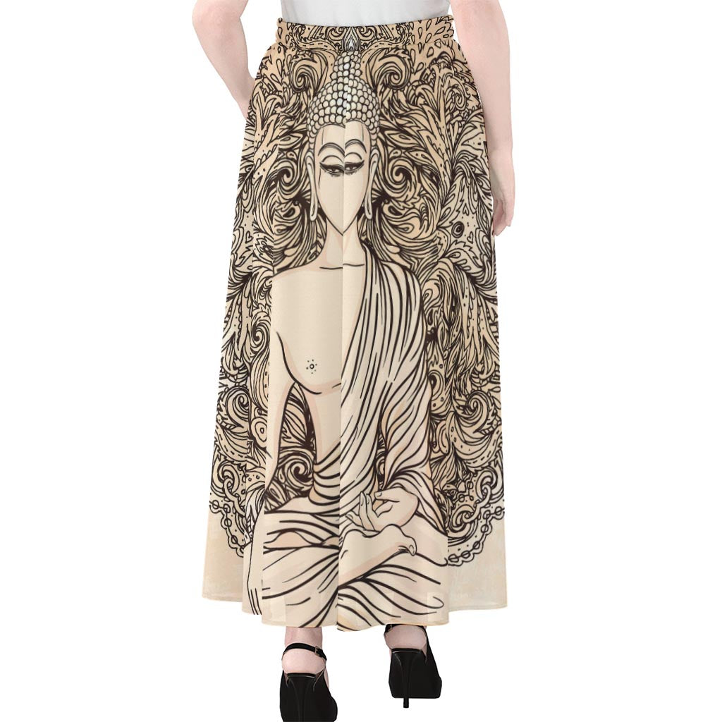 Beige Buddha Mandala Print Chiffon Maxi Skirt