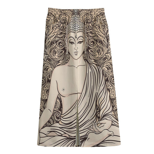 Beige Buddha Mandala Print Cotton Front Slit Maxi Skirt
