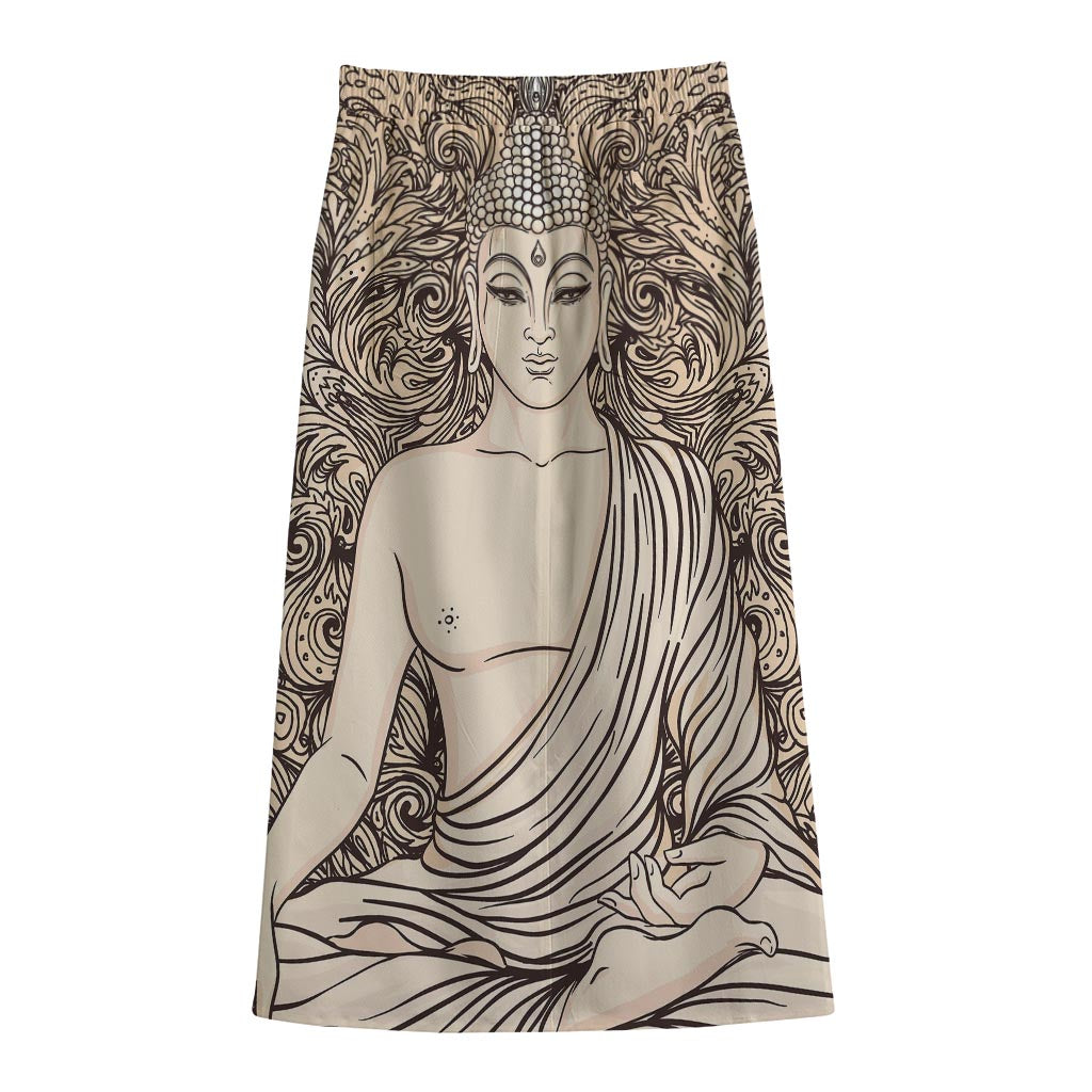 Beige Buddha Mandala Print Cotton Front Slit Maxi Skirt