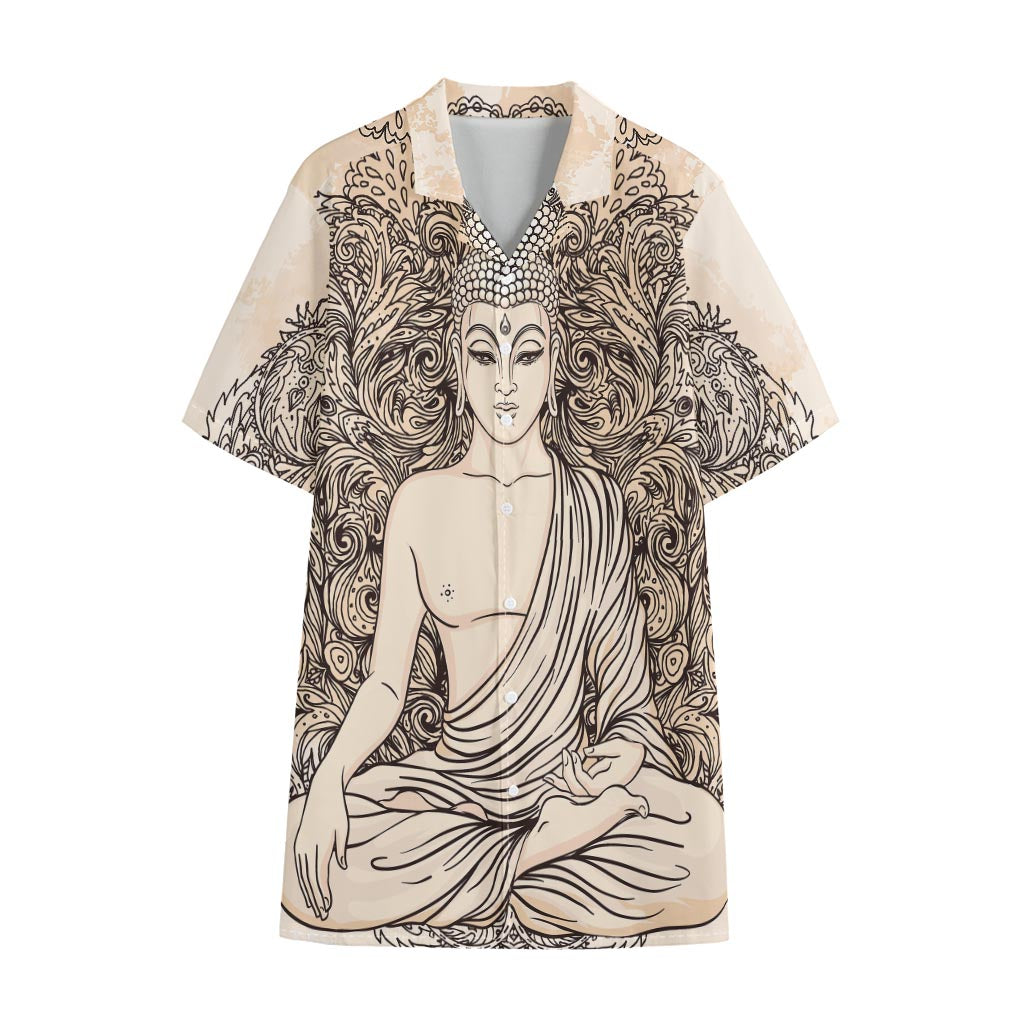 Beige Buddha Mandala Print Cotton Hawaiian Shirt