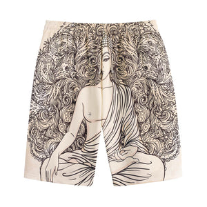 Beige Buddha Mandala Print Cotton Shorts