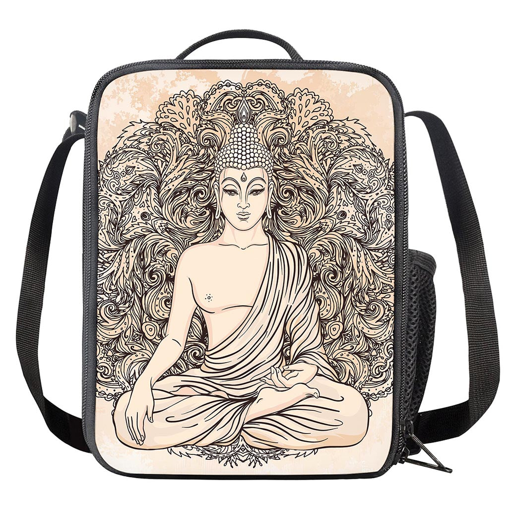 Beige Buddha Mandala Print Crossbody Lunch Bag