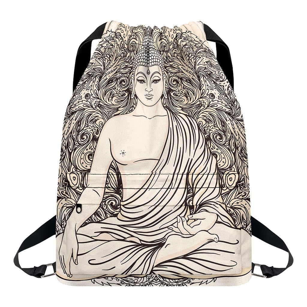 Beige Buddha Mandala Print Drawstring Backpack