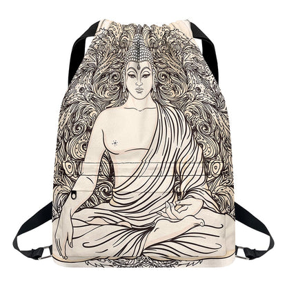 Beige Buddha Mandala Print Drawstring Backpack