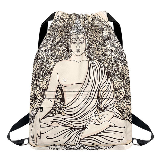 Beige Buddha Mandala Print Drawstring Backpack