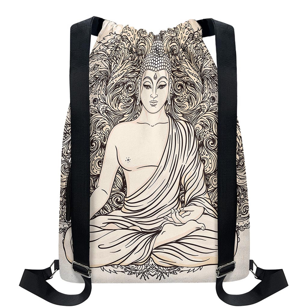 Beige Buddha Mandala Print Drawstring Backpack