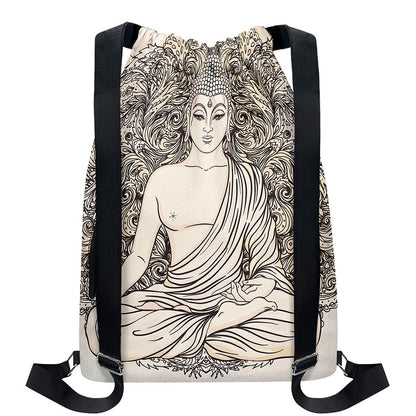 Beige Buddha Mandala Print Drawstring Backpack