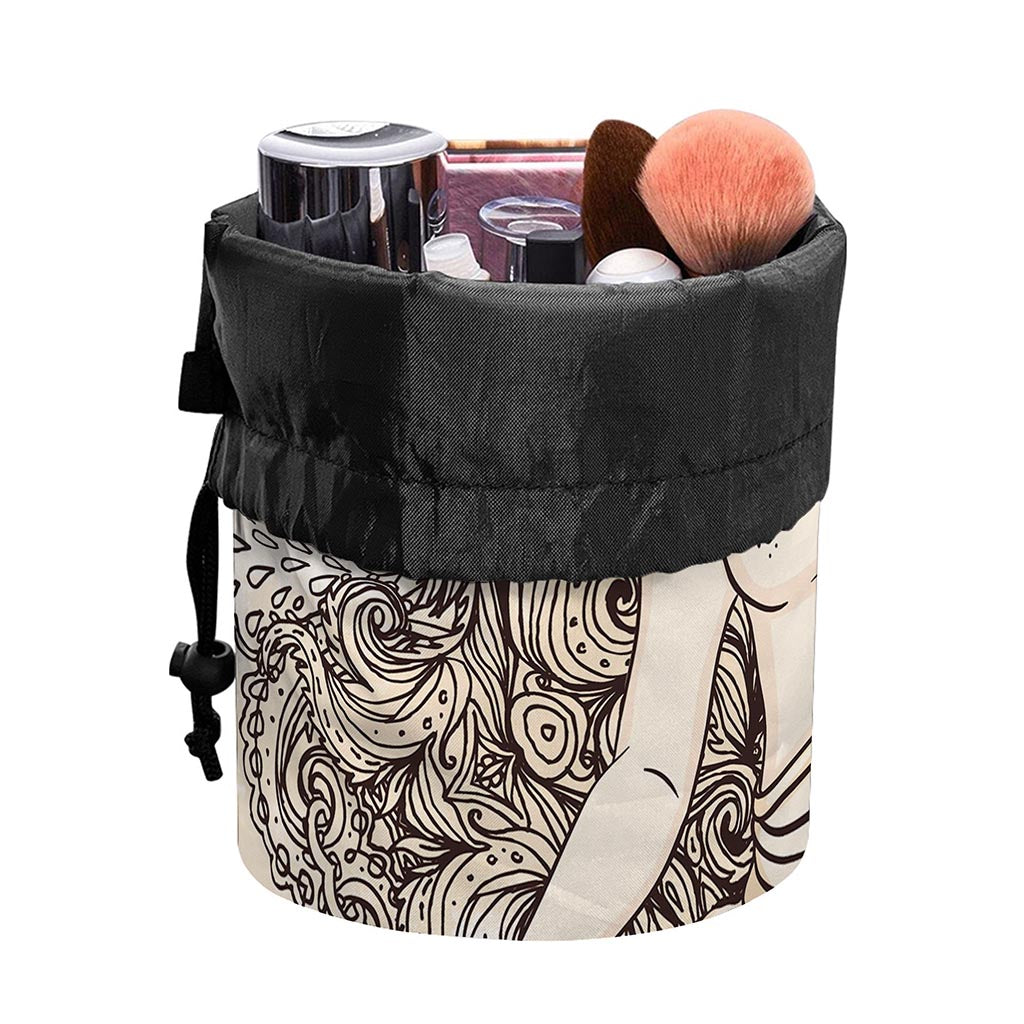 Beige Buddha Mandala Print Drawstring Makeup Bag