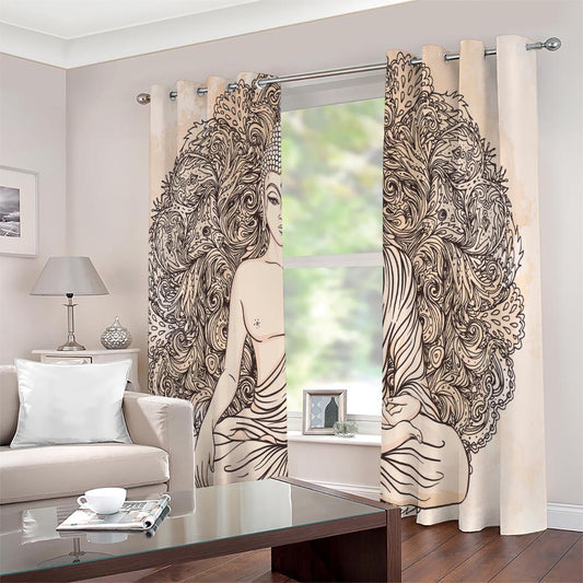 Beige Buddha Mandala Print Extra Wide Grommet Curtains