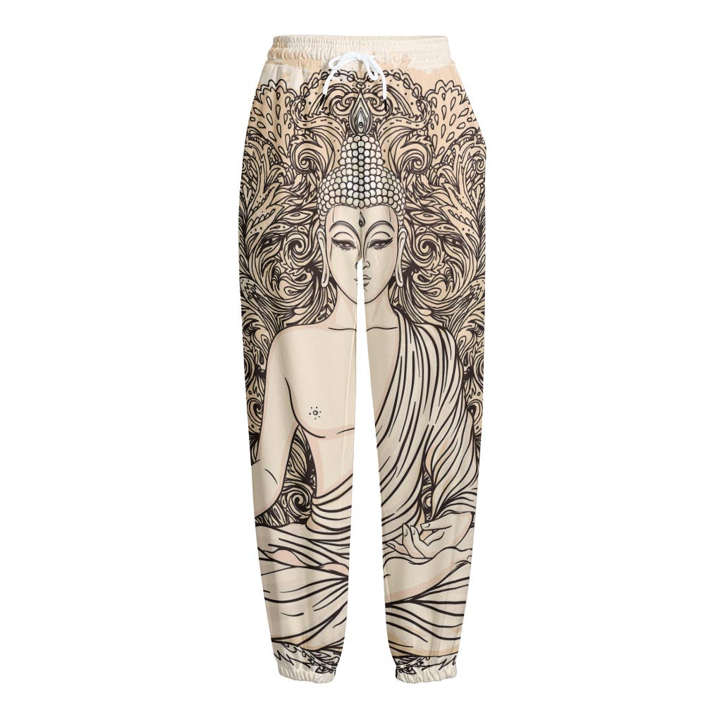 Beige Buddha Mandala Print Fleece Lined Knit Pants