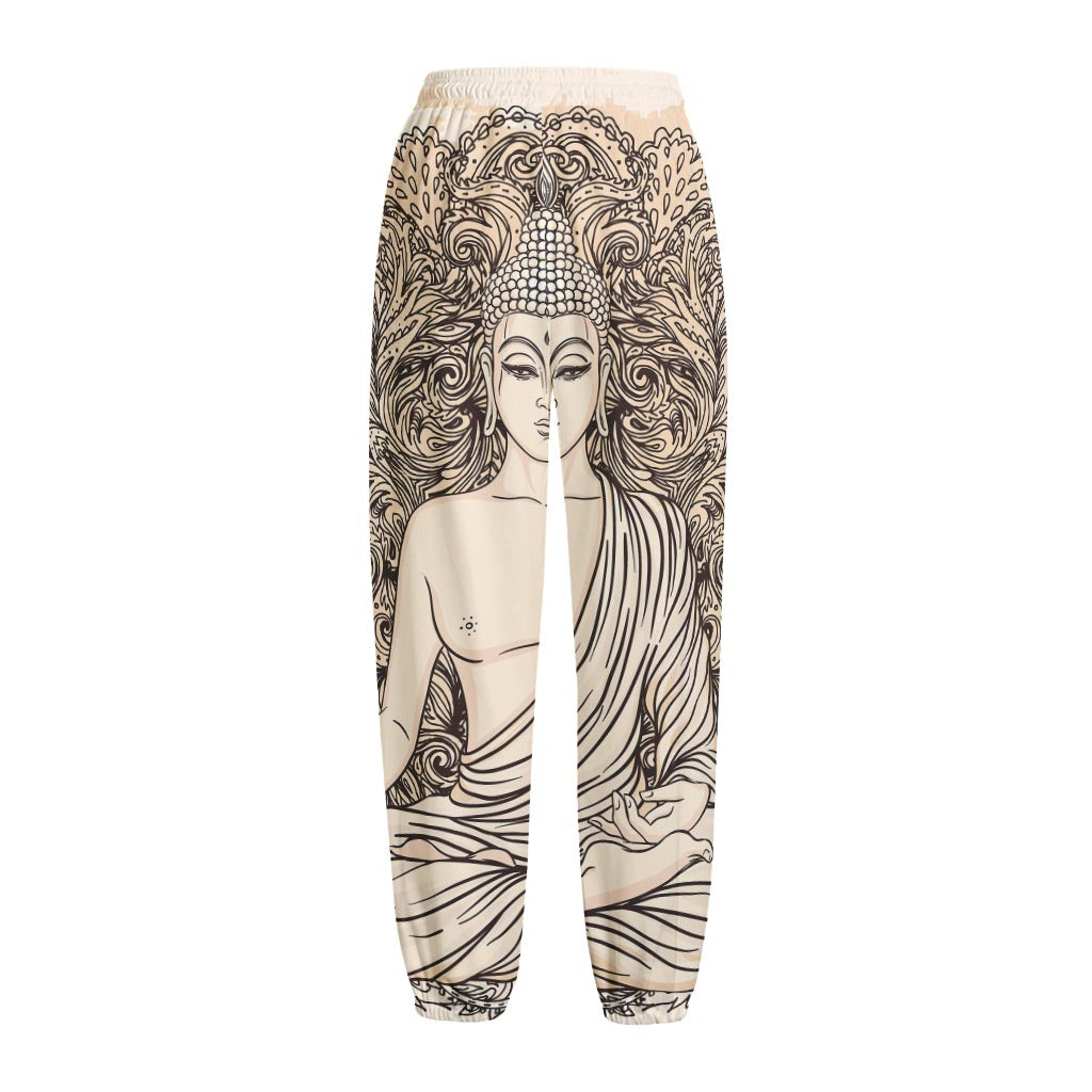 Beige Buddha Mandala Print Fleece Lined Knit Pants