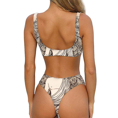 Beige Buddha Mandala Print Front Bow Tie Bikini