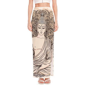 Beige Buddha Mandala Print High Slit Maxi Skirt