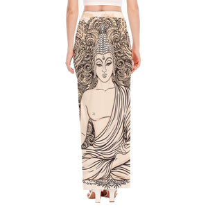 Beige Buddha Mandala Print High Slit Maxi Skirt