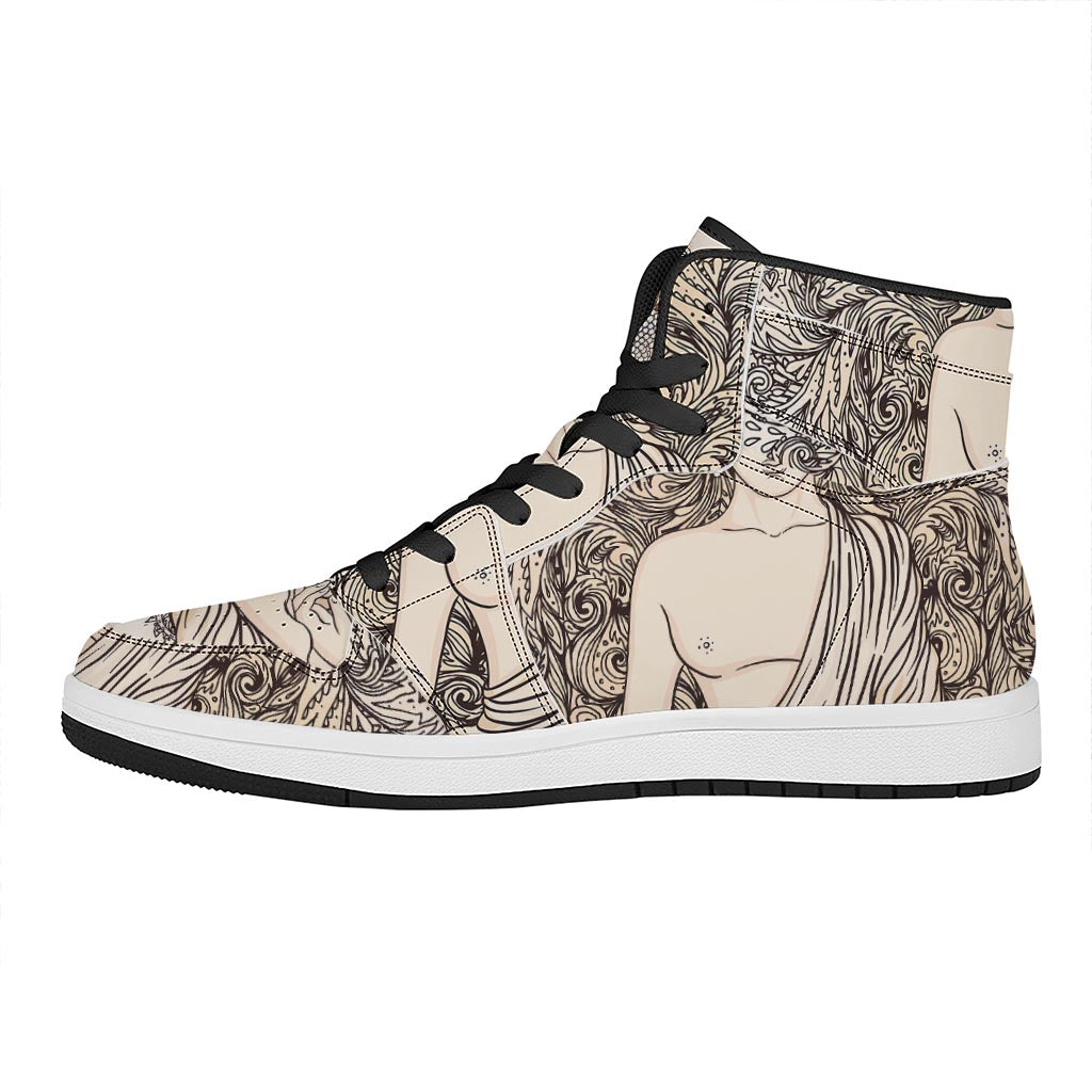 Beige Buddha Mandala Print High Top Leather Sneakers