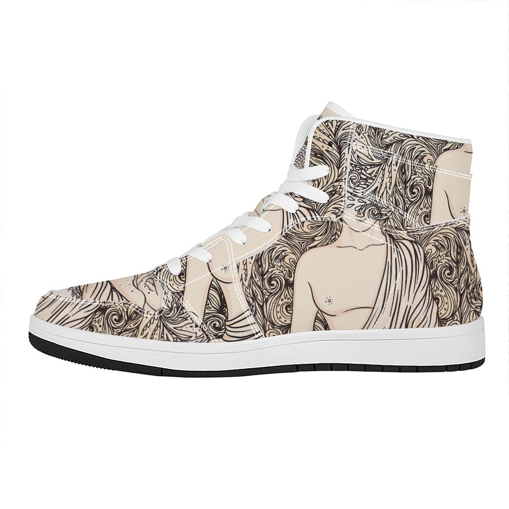 Beige Buddha Mandala Print High Top Leather Sneakers