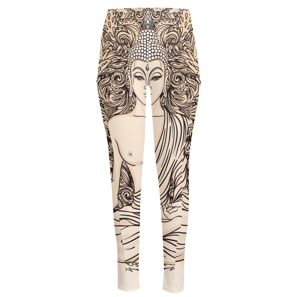 Beige Buddha Mandala Print High-Waisted Pocket Leggings