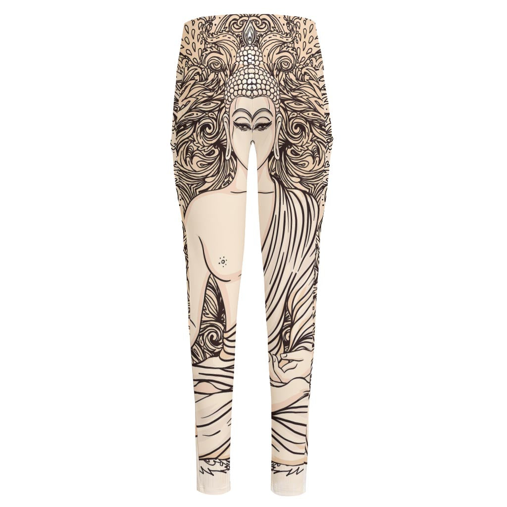 Beige Buddha Mandala Print High-Waisted Pocket Leggings