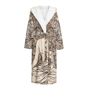 Beige Buddha Mandala Print Hooded Bathrobe