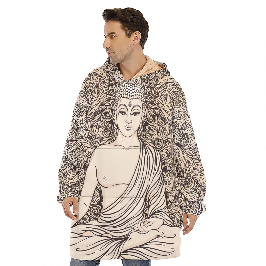 Beige Buddha Mandala Print Hoodie Blanket