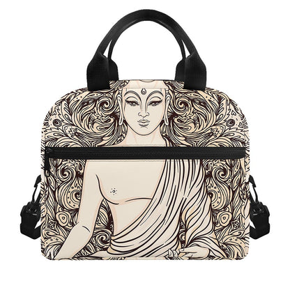 Beige Buddha Mandala Print Insulated Lunch Bag