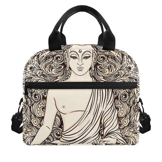 Beige Buddha Mandala Print Insulated Lunch Bag