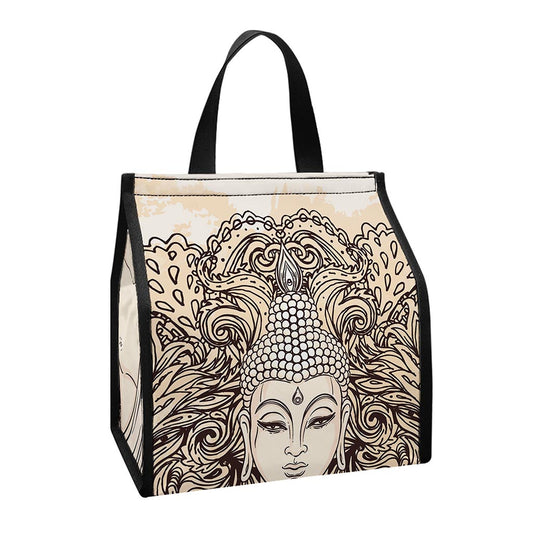 Beige Buddha Mandala Print Insulated Lunch Tote
