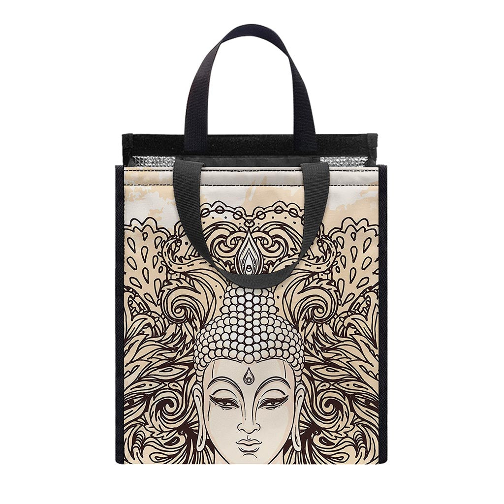 Beige Buddha Mandala Print Insulated Lunch Tote