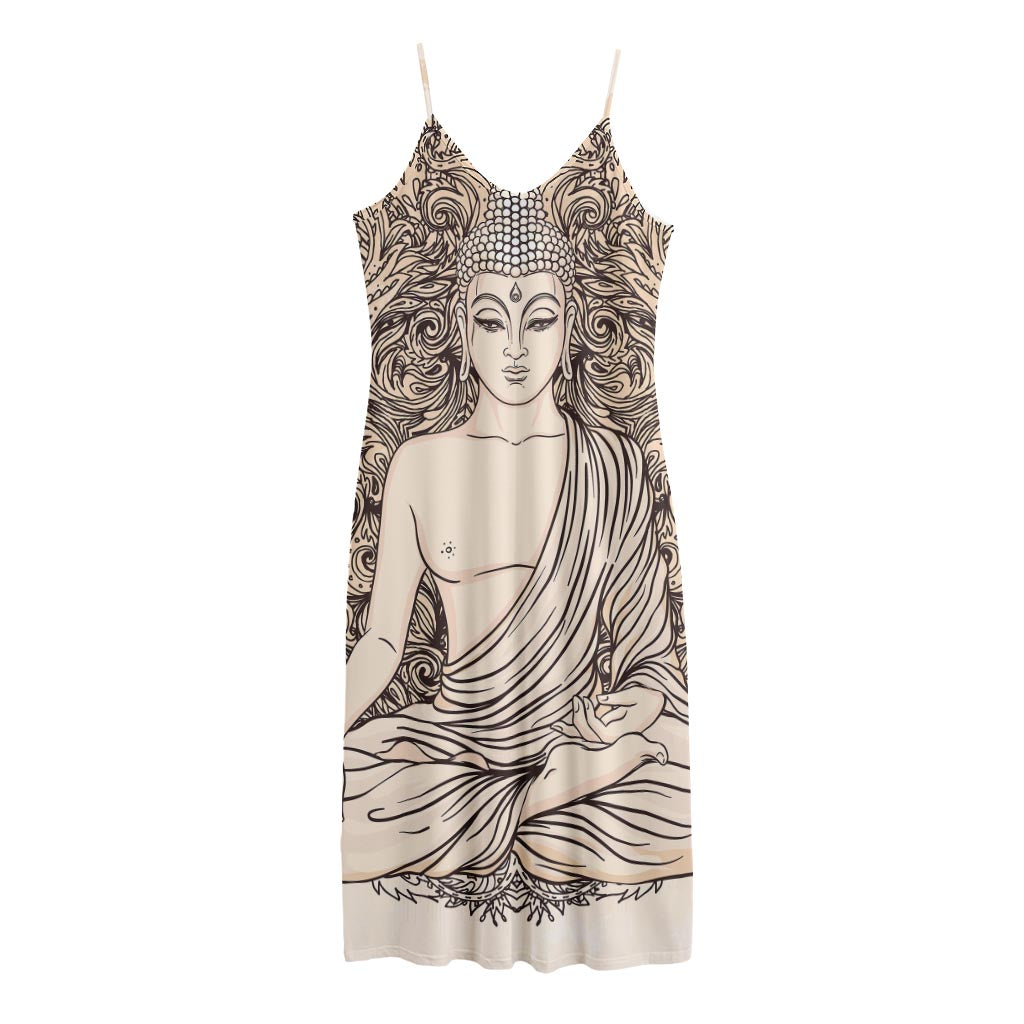 Beige Buddha Mandala Print Jersey Midi Cami Dress