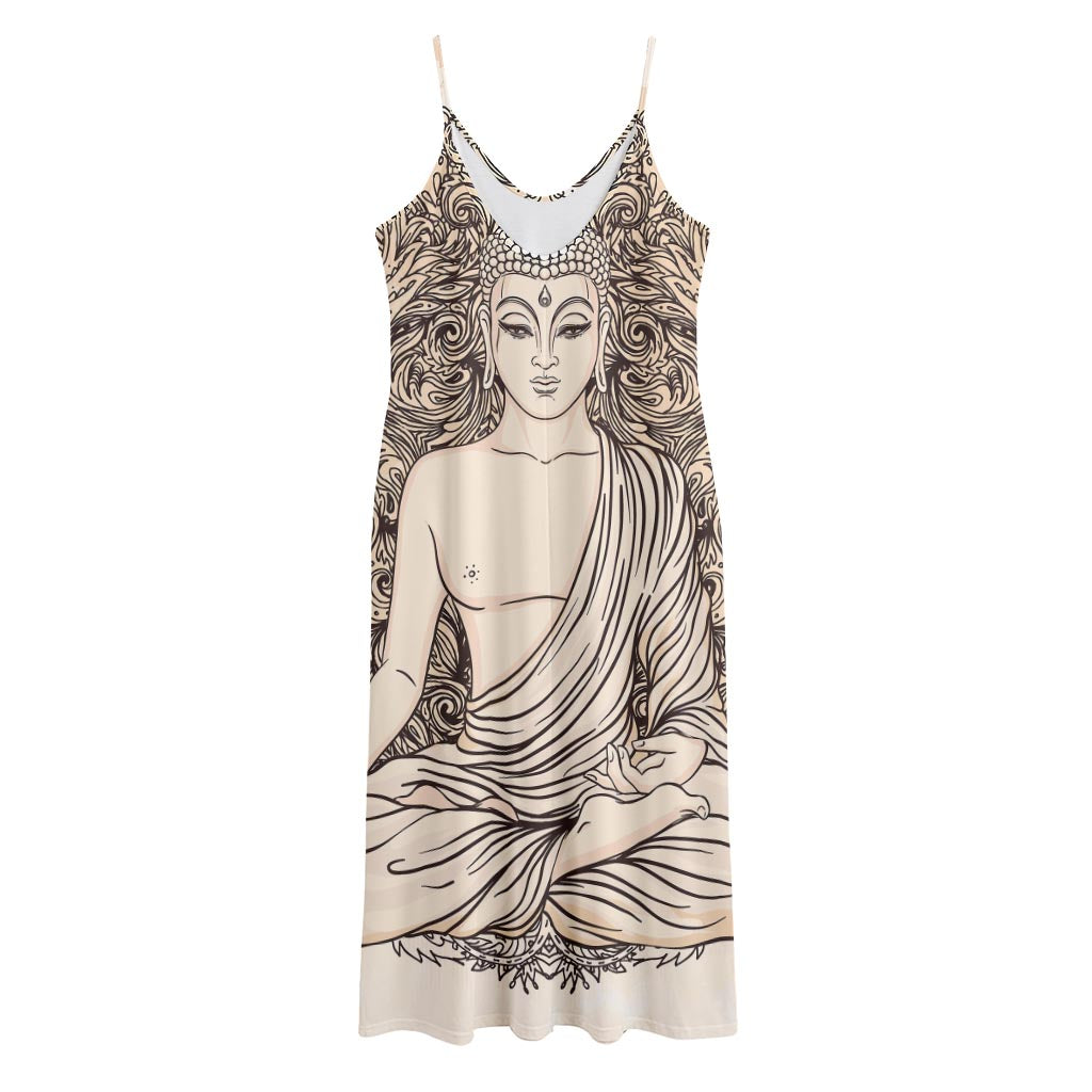 Beige Buddha Mandala Print Jersey Midi Cami Dress