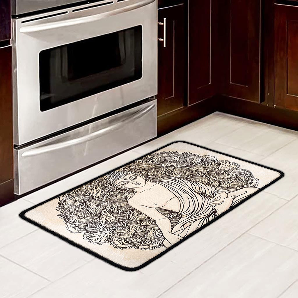 Beige Buddha Mandala Print Kitchen Mat