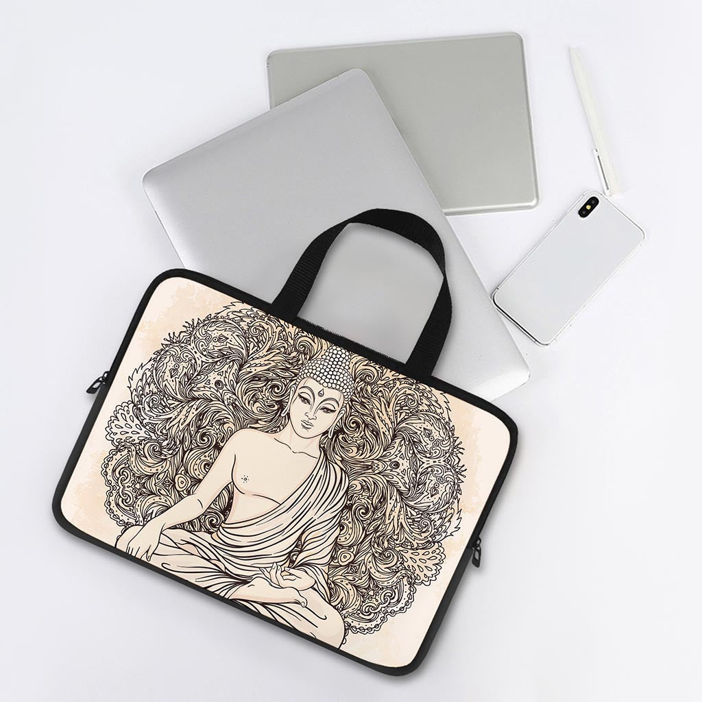 Beige Buddha Mandala Print Laptop Sleeve With Handle