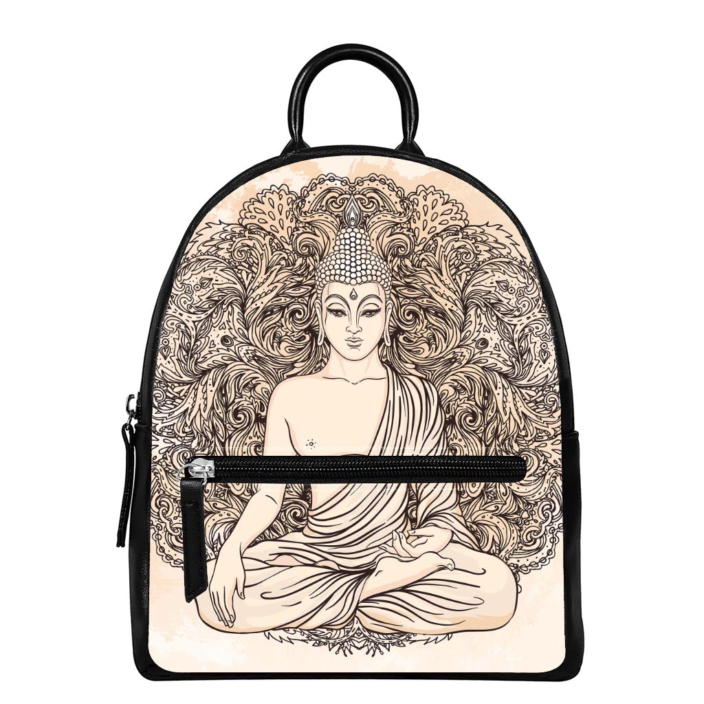 Beige Buddha Mandala Print Leather Backpack