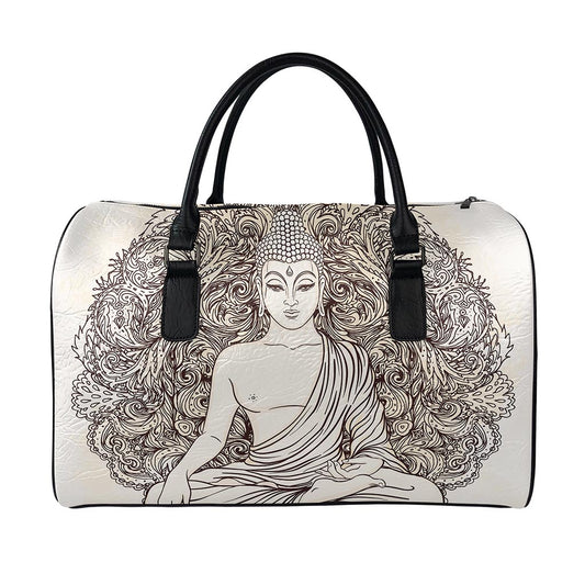 Beige Buddha Mandala Print Leather Duffle Bag