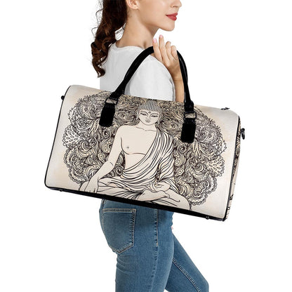 Beige Buddha Mandala Print Leather Duffle Bag