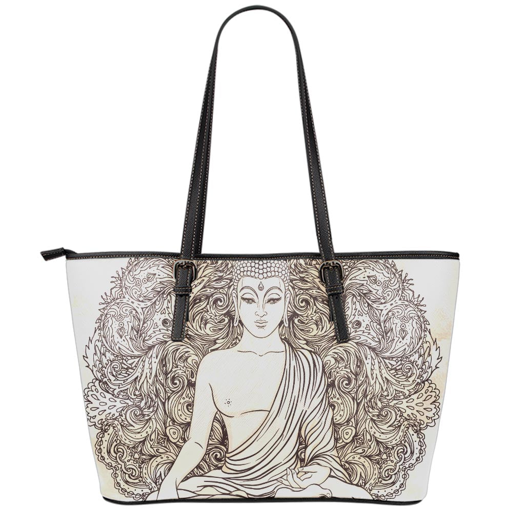Beige Buddha Mandala Print Leather Tote Bag