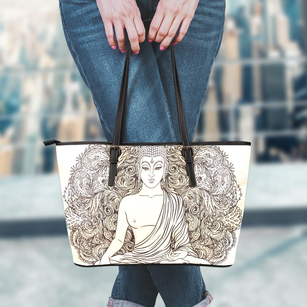 Beige Buddha Mandala Print Leather Tote Bag