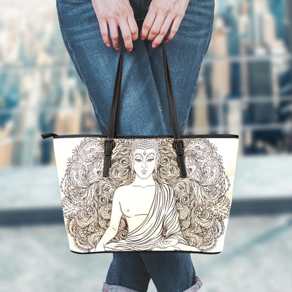 Beige Buddha Mandala Print Leather Tote Bag