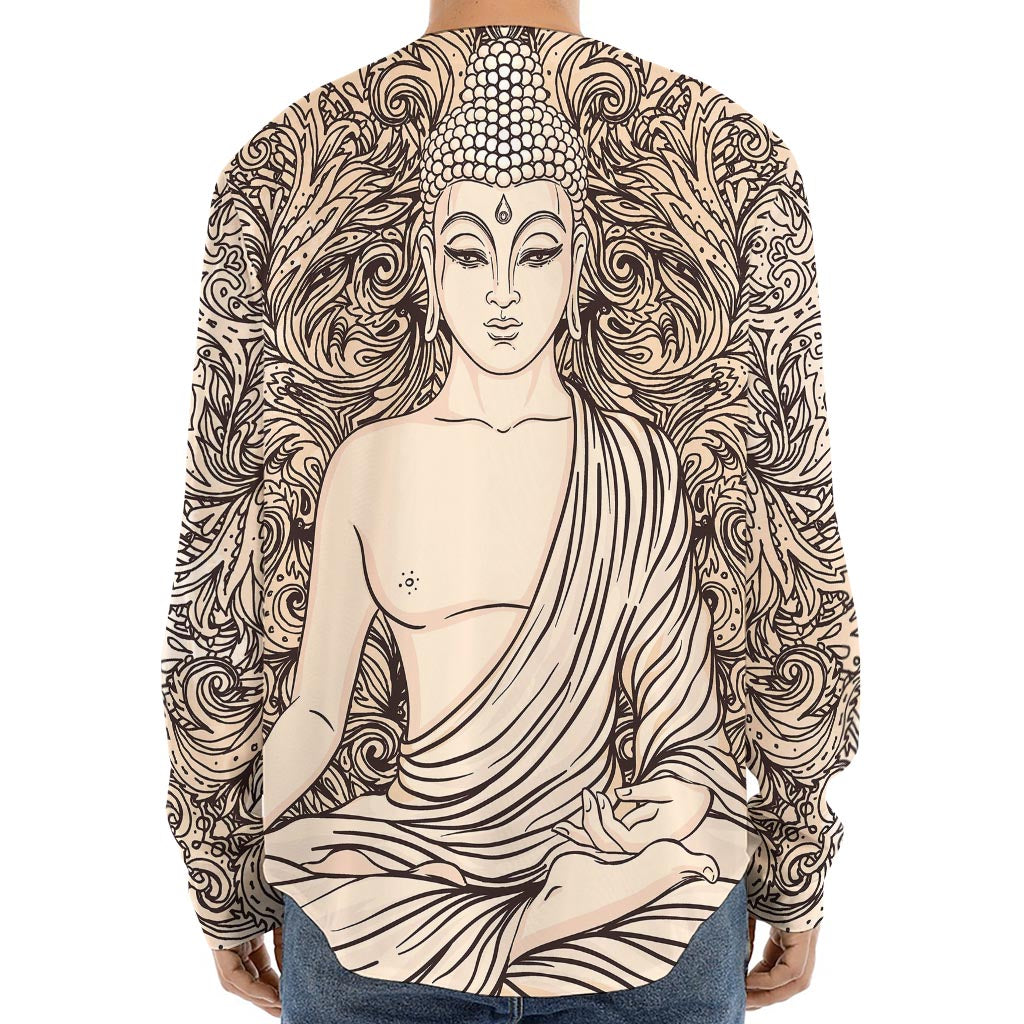 Beige Buddha Mandala Print Long Sleeve Baseball Jersey