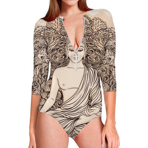 Beige Buddha Mandala Print Long Sleeve Swimsuit