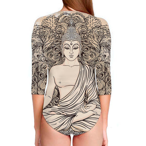 Beige Buddha Mandala Print Long Sleeve Swimsuit