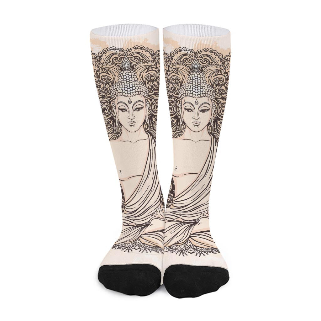 Beige Buddha Mandala Print Long Socks