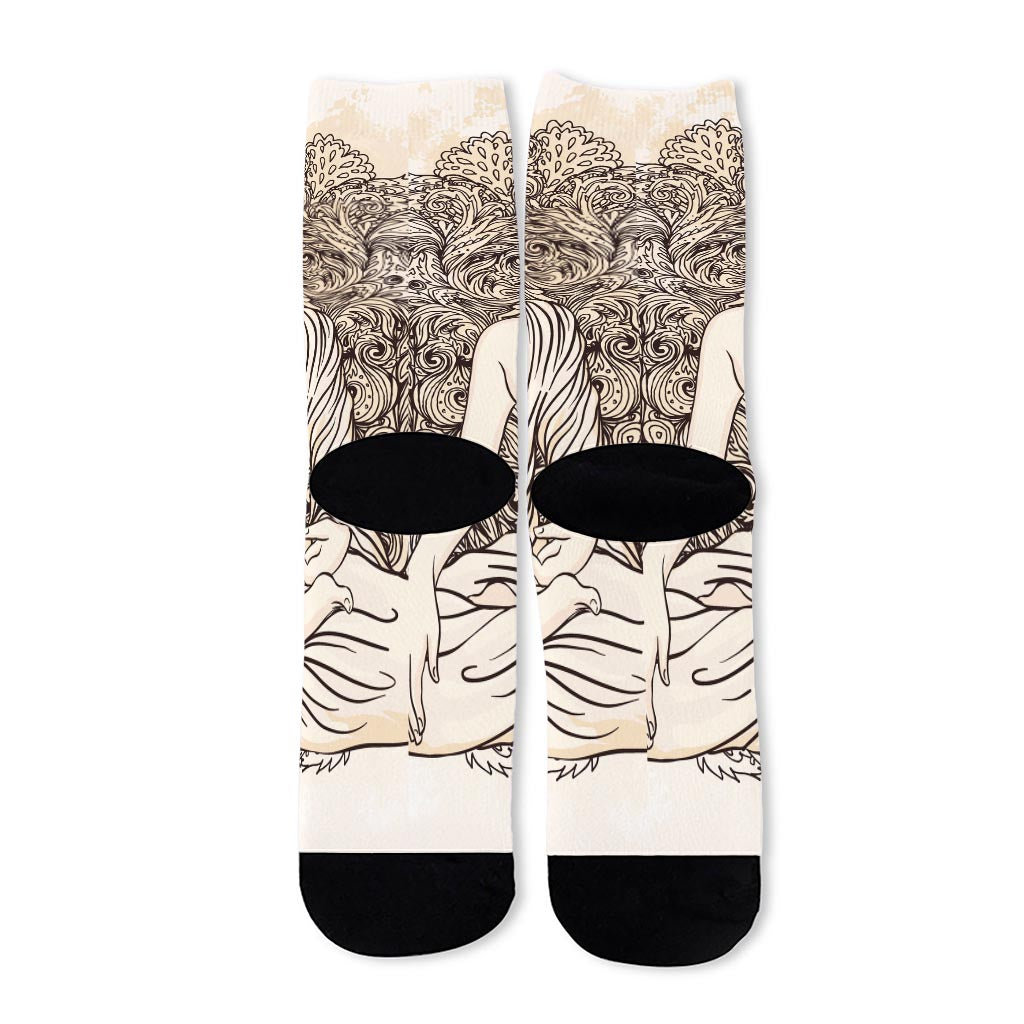 Beige Buddha Mandala Print Long Socks