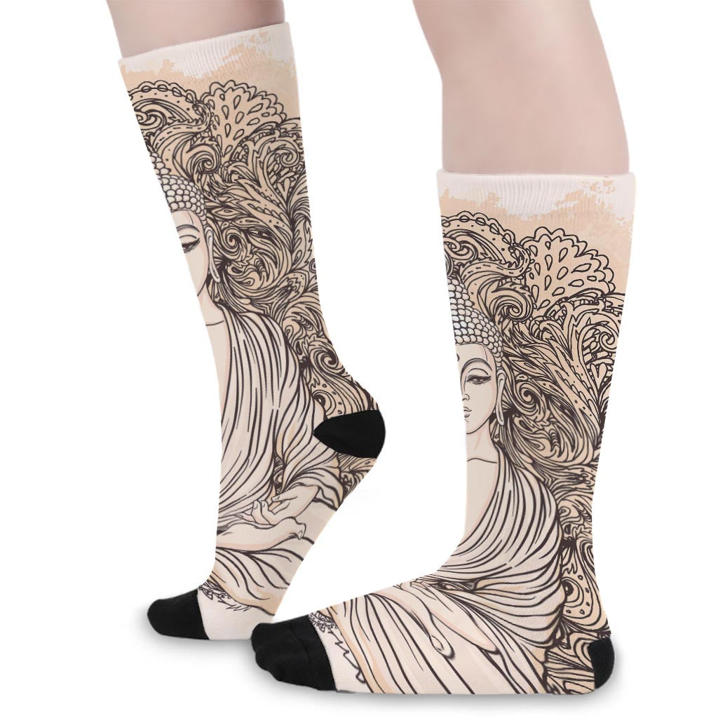 Beige Buddha Mandala Print Long Socks