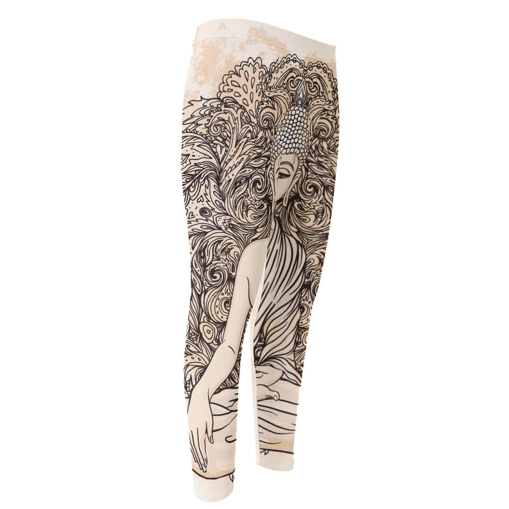 Beige Buddha Mandala Print Men's Compression Pants